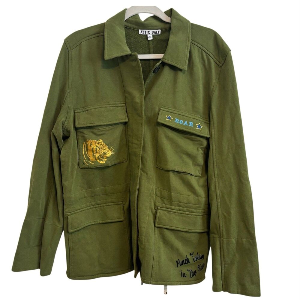 ATTIC‎ SALT Military Jacket Womens XL Green Utility Embroidered Patches Artisan
